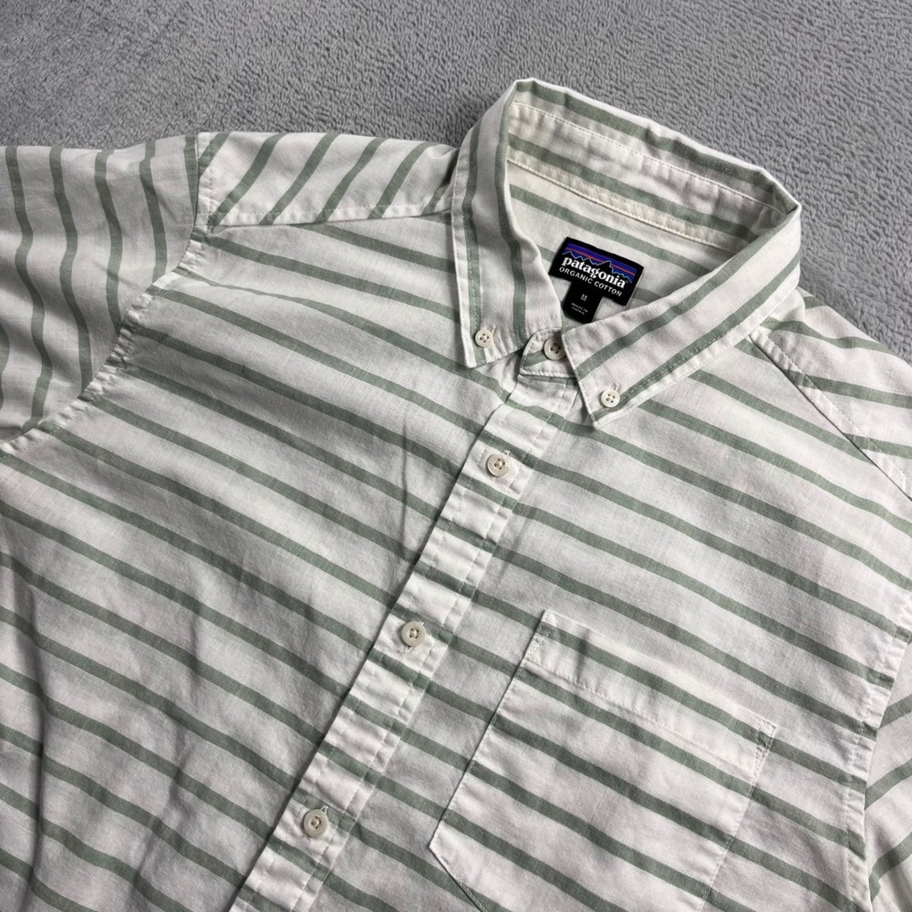 Patagonia Shirt Bluffside Mens Medium Lightweight Organic Green Striped Light‎